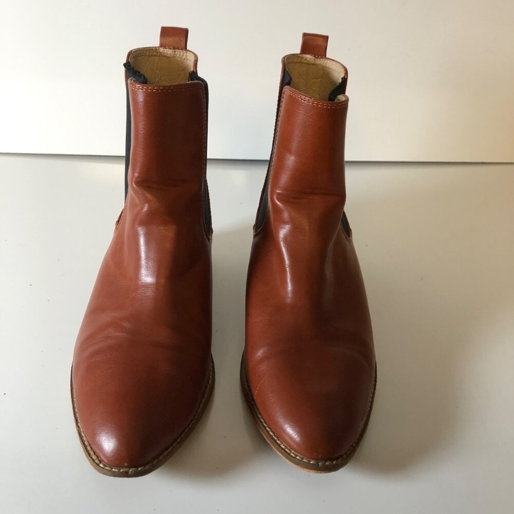 A Rider Girl Chelsea Ankle Boots Rust Black Womens Size 9 Leather Stacked Heel - Picture 2 of 7